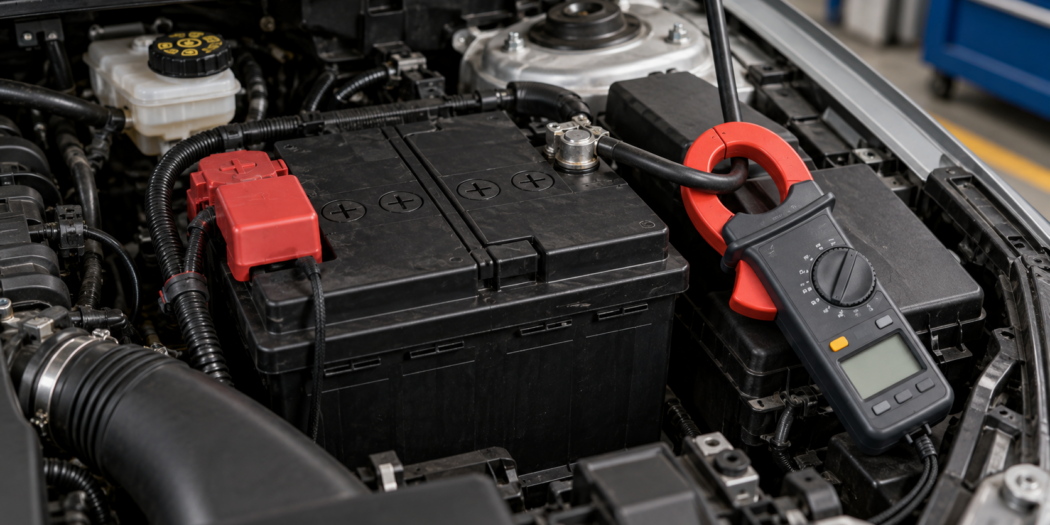 Batteria auto nel vano motore con pinza amperometrica attorno al cavo negativo