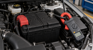 Batteria auto nel vano motore con pinza amperometrica attorno al cavo negativo