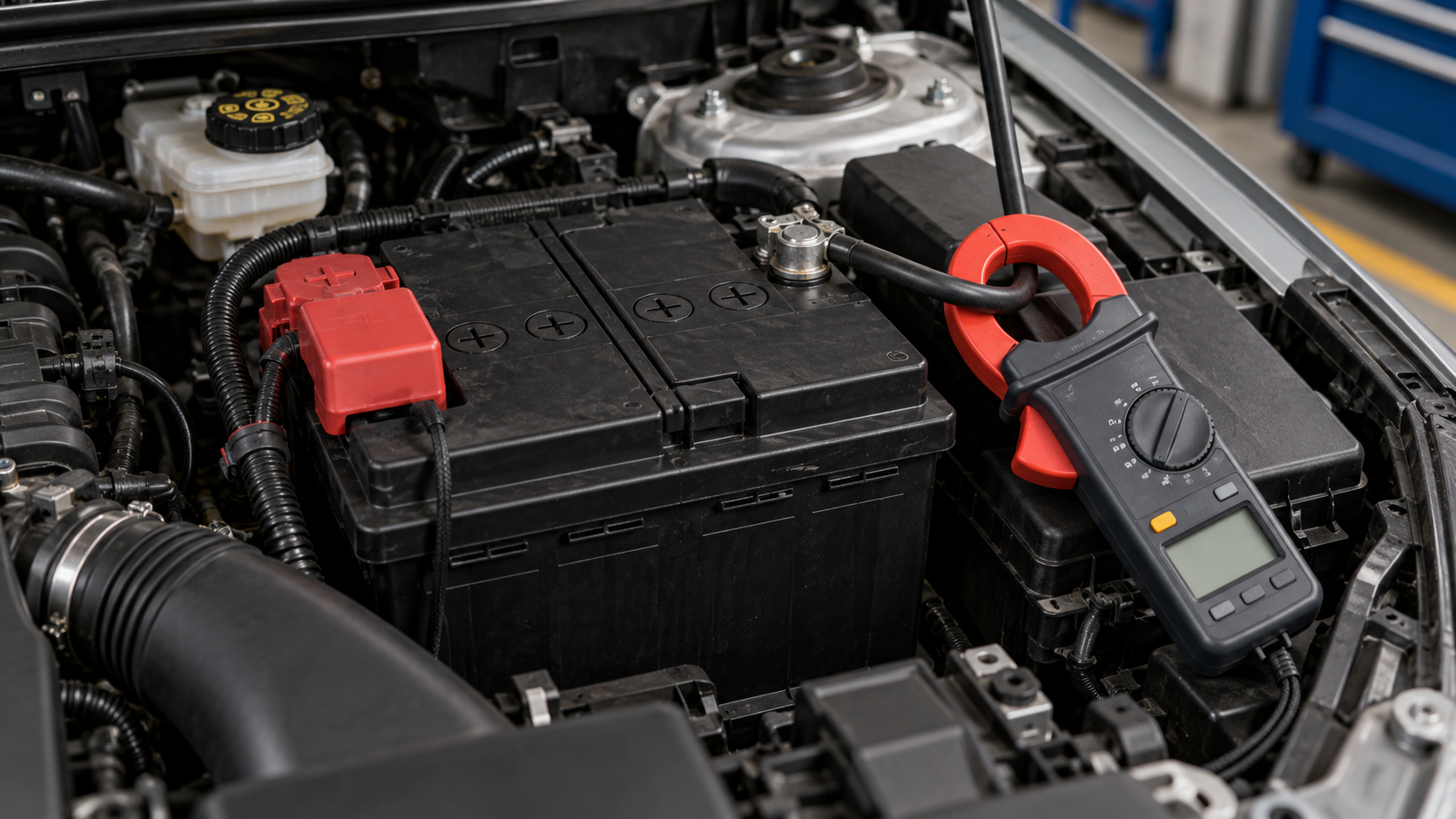 Batteria auto nel vano motore con pinza amperometrica attorno al cavo negativo