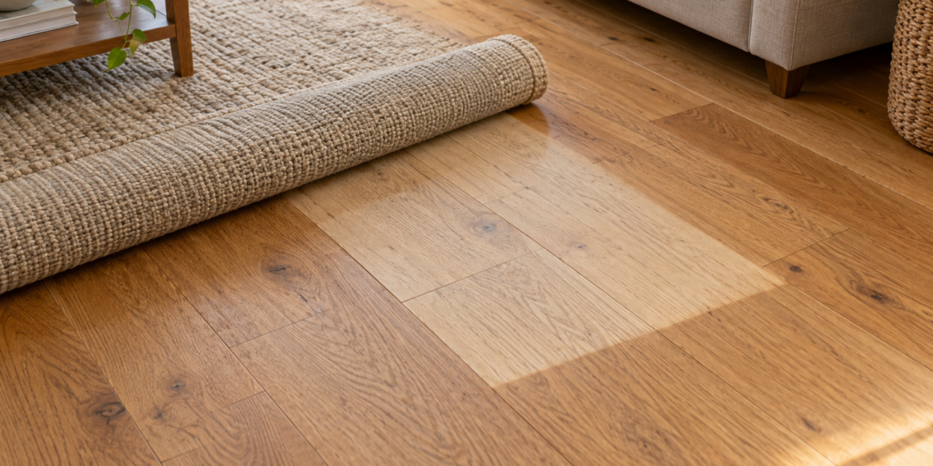 Tappeto beige parzialmente arrotolato su parquet con una zona più chiara rispetto al legno circostante