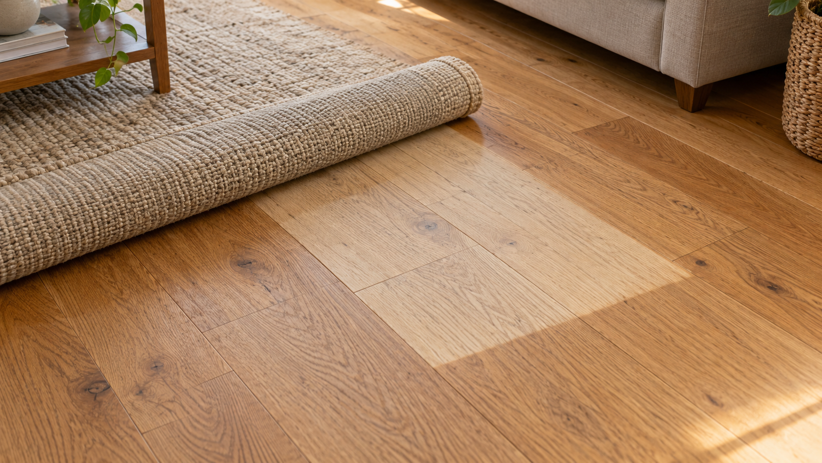 Tappeto beige parzialmente arrotolato su parquet con una zona più chiara rispetto al legno circostante